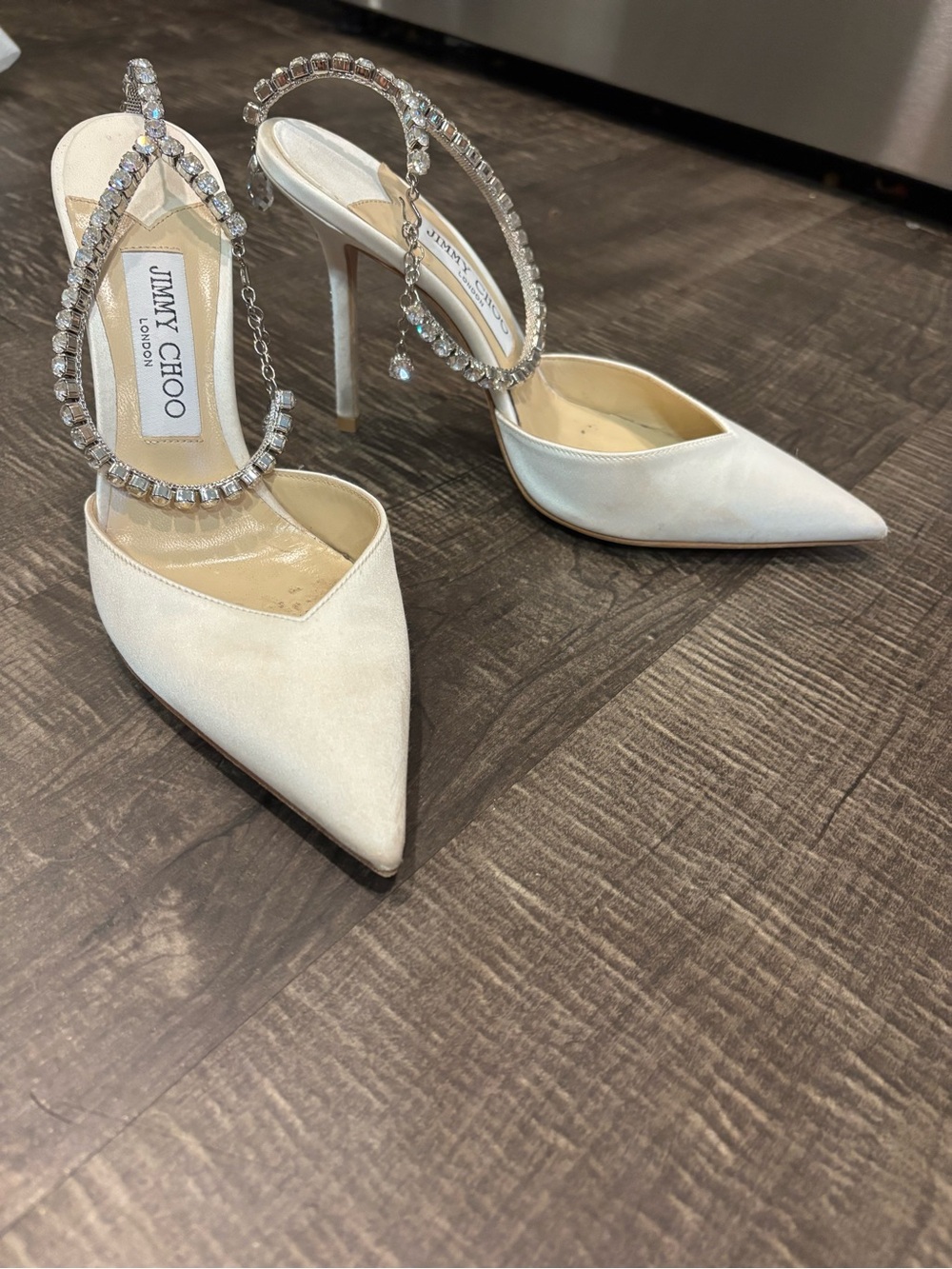 Jimmy Choo Ivory Pointed-Toe Crystal Ankle-Strap Heels